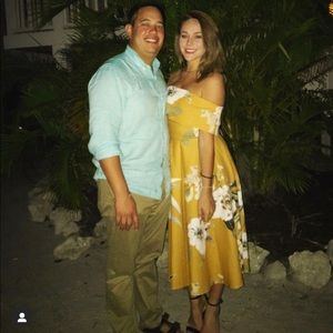 ASOS yellow floral off shoulder midi dress